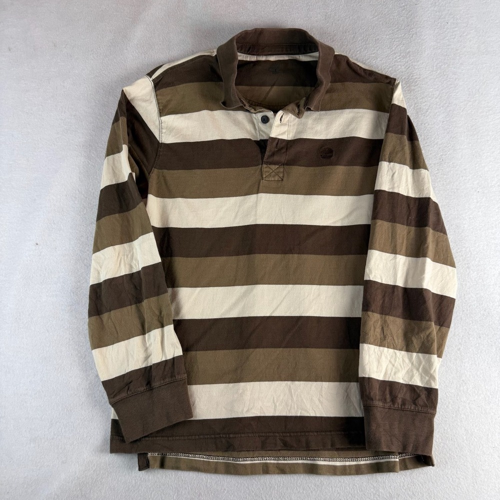 Timberland Mens Long Sleeve Rugby Polo Shirt Brown Green Striped Cotton Small